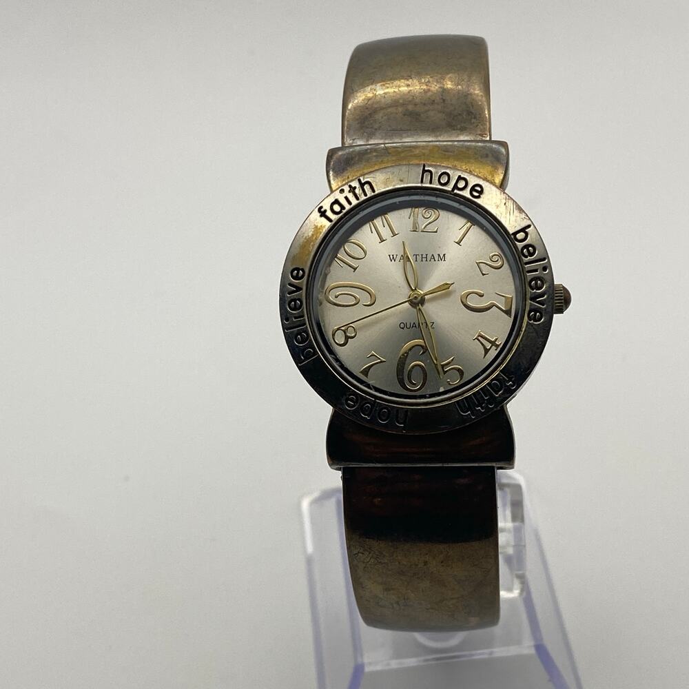 Elegant Waltham Ladies Silver-Tone Cuff Watch Faith Hope Believe New Battery